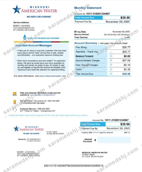 USA MISSOURI AMERICAN WATER utility bill Word and PDF template